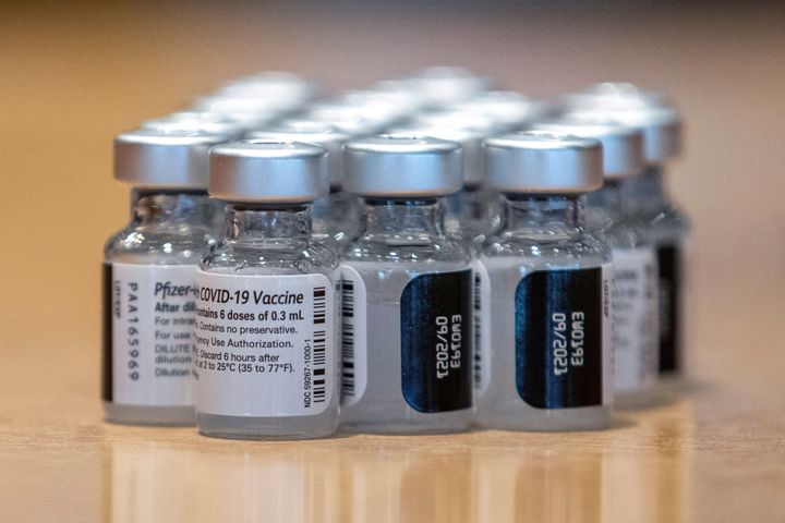 Vials of the Pfizer/BioNTech coronavirus disease (COVID-19) vaccine, which was authorized by Canada to be used for children aged 12 to 15, are seen at Woodbine Racetrack pop-up vaccine clinic in Toronto, Ontario, Canada May 5, 2021. REUTERS/Carlos Osorio