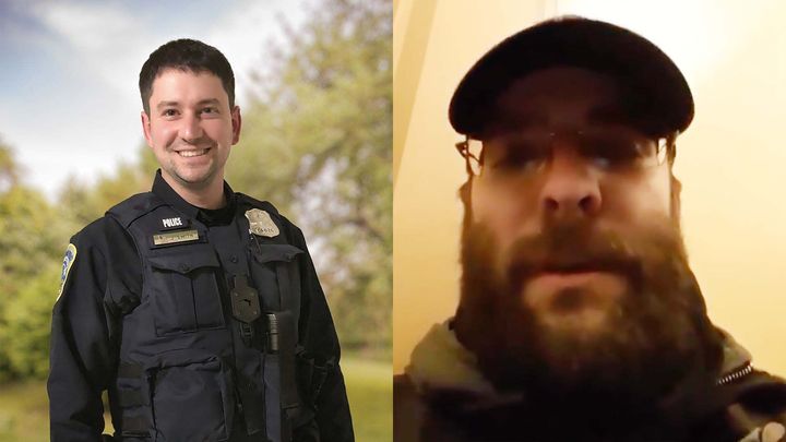 Officer Jeffrey Smith, left, was assaulted on Jan. 6 during a battle at the U.S. Capitol that is believed to have involved the man on the right.
