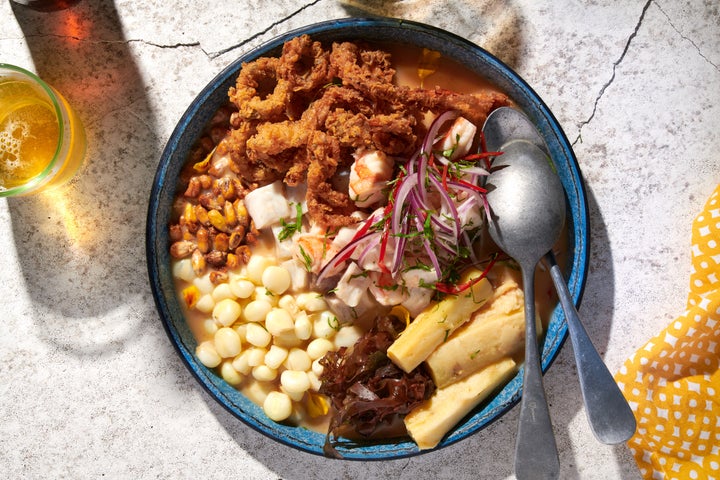 Cebiche Carretillero from Chica, made with fresh sea bass, shrimp, fried calamari, sweet potatoes, corn and rocoto leche de tigre.