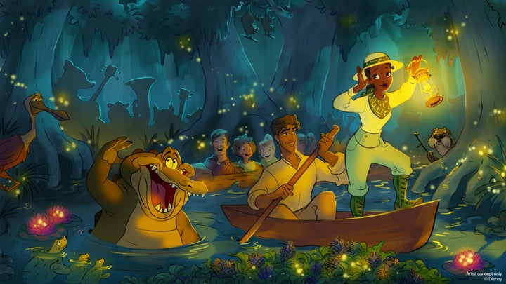 Concept art for the Splash Mountain revamp shows the characters Louis (left), Naveen and Princess Tiana.