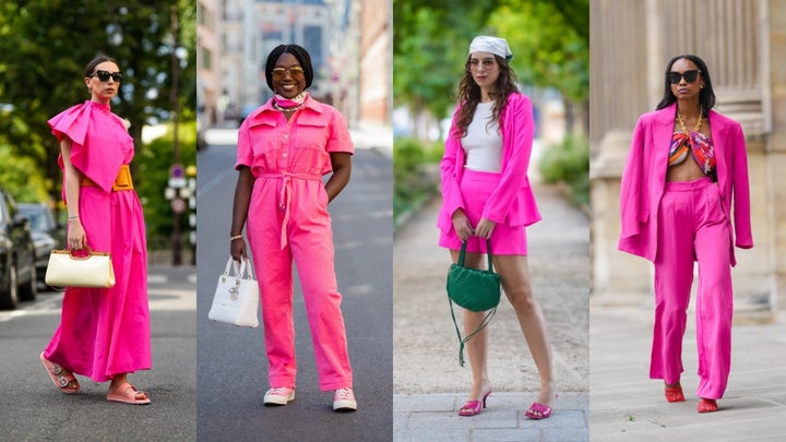 There are many ways to sport this bright pink trend -- from pantsuits to shorts to full monochrome looks. 