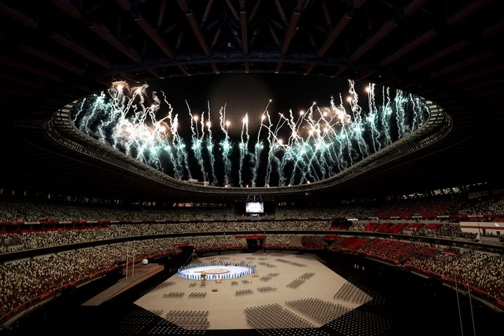 TOKYO, JAPAN - AUGUST 24: Fireworks explode over the Olympic Stadium during the opening ceremony of the Tokyo 2020 Paralympic Games at the Olympic Stadium on August 24, 2021 in Tokyo, Japan. (Photo by Alex Pantling/Getty Images)