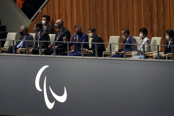 TOKYO, JAPAN - AUGUST 24: International Paralympic Committee President Andrew Parsons (C), Japanese Emperor Naruhito, Japanese Prime Minister Yoshihide Suga, Tokyo governor Yuriko Koike and Tokyo 2020 President Seiko Hashimoto attend the opening ceremony of the Tokyo 2020 Paralympic Games at the Olympic Stadium on August 24, 2021 in Tokyo, Japan. (Photo by Christopher Jue/Getty Images for International Paralympic Committee)