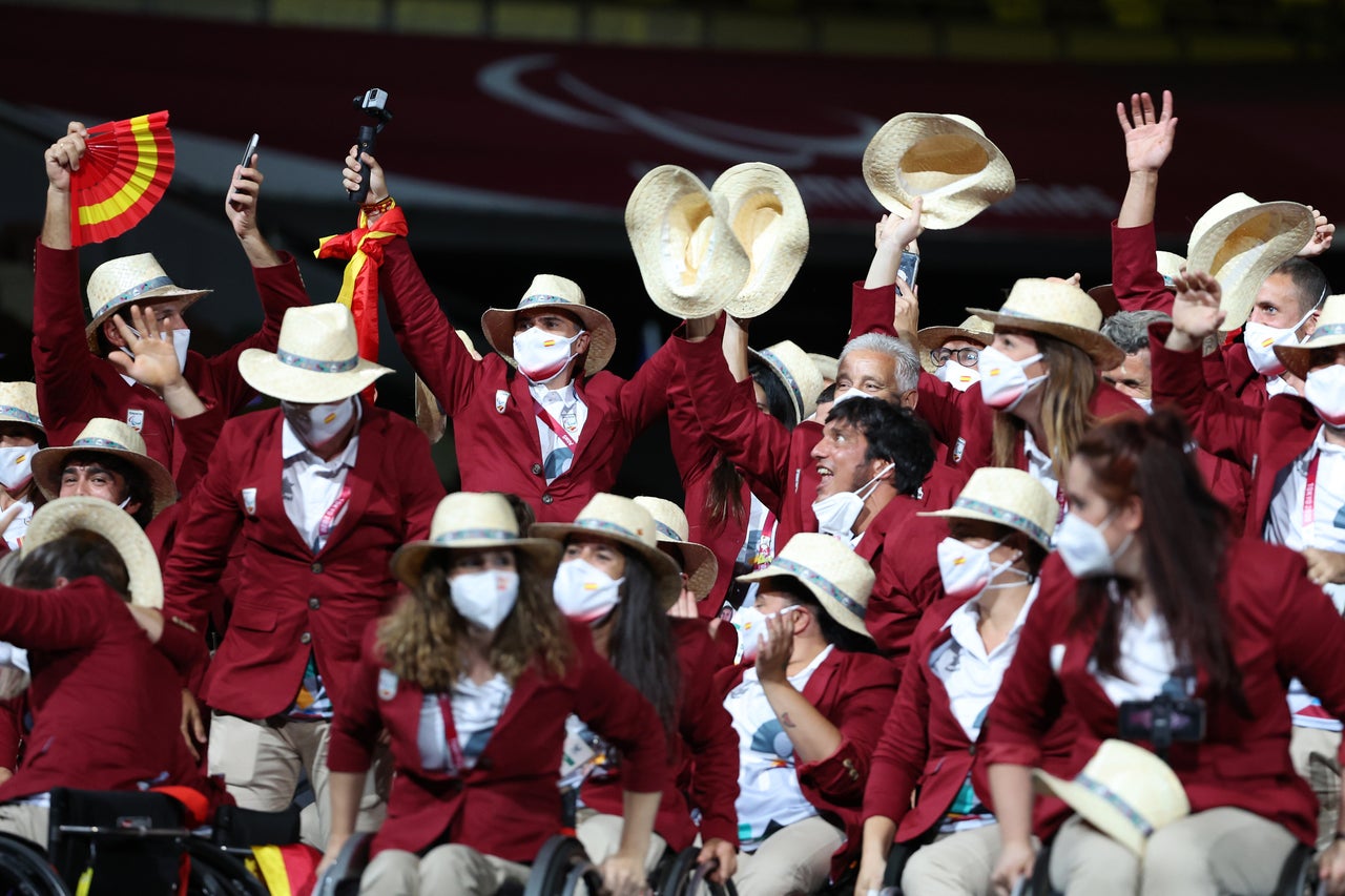 Athletes from Team Spain take part in the parade of athletes during the opening ceremony of the Tokyo 2020 Paralympic Games.