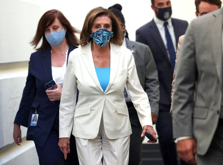 House Speaker Nancy Pelosi (D-CA) leaves a Democratic caucus meeting at the Capitol on August 23, 2021 in Washington, D.C. (Photo by Kevin Dietsch/Getty Images)