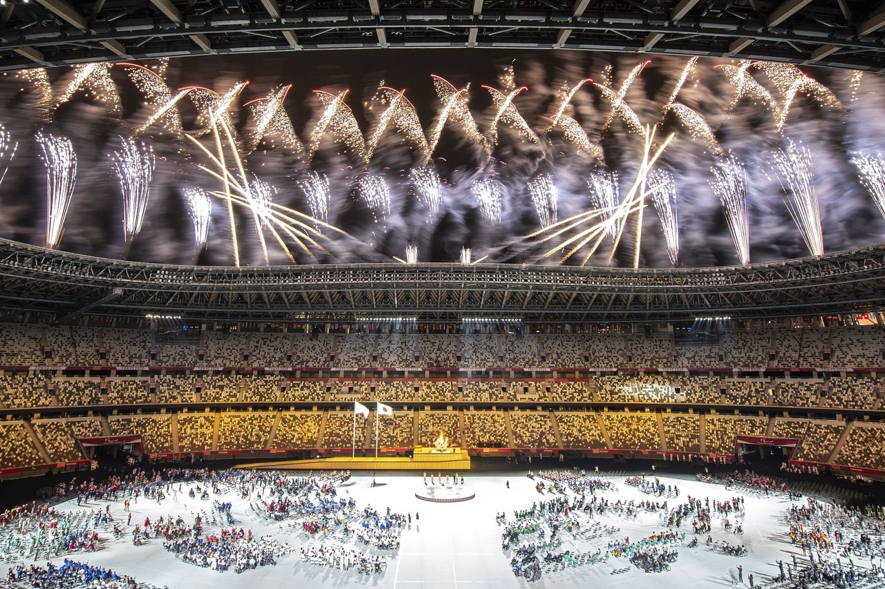 Fireworks explode during the opening ceremony for the Tokyo 2020 Paralympic Games at the Olympic Stadium in Tokyo on August 24, 2021