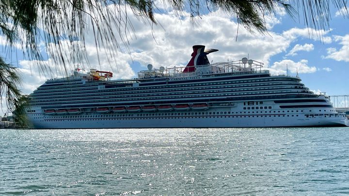 The cruise ship Carnival Vista is seen in Miami, Florida. A woman who traveled on the ship from Texas to Belize later died after falling ill with the coronavirus on the ship.