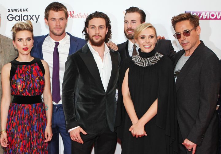 Scarlett Johansson, Chris Hemsworth, Aaron Taylor-Johnson, Chris Evans, Elizabeth Olsen and Robert Downey Jr. at the European premiere of "The Avengers: Age of Ultron" in 2015.