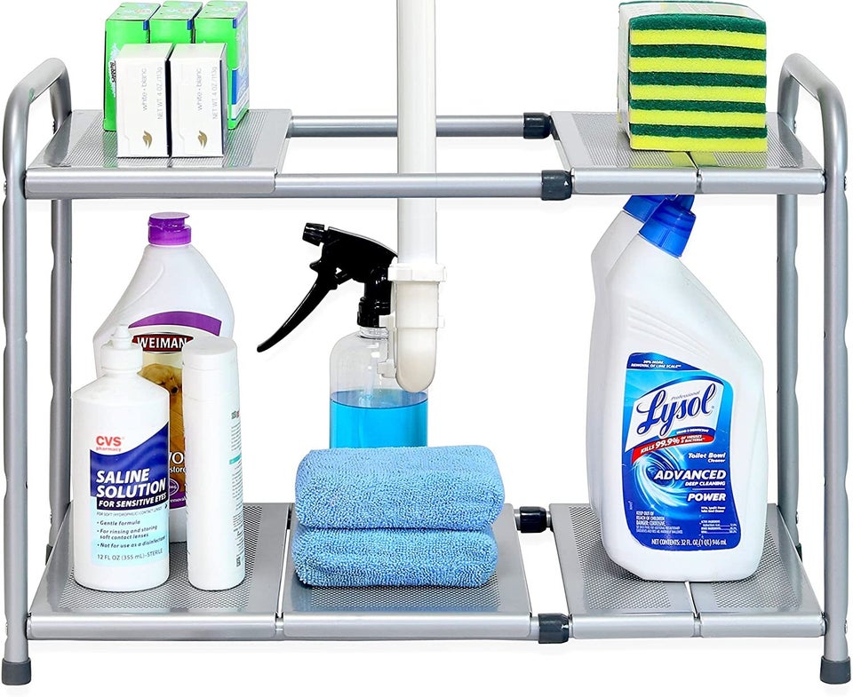 Fleming Supply 12-in-1 Adjustable Under Sink Storage Shelf - White and Blue