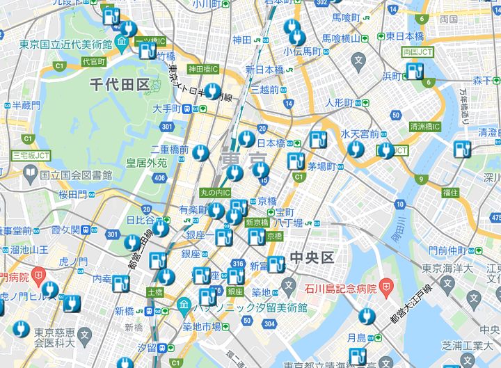 東京駅周辺の充電スポット（日産HPより）