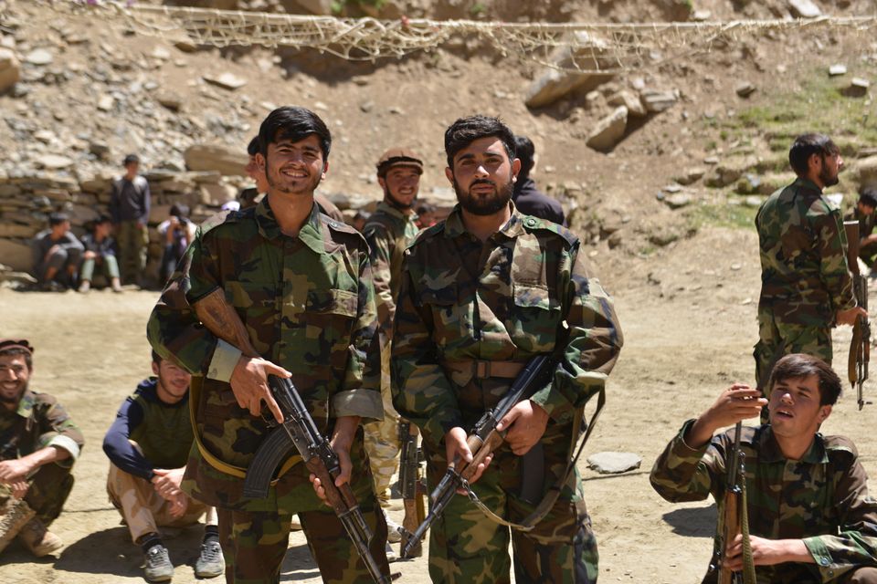 Afghan resistance movement and anti-Taliban uprising forces take part in military training at the Abdullah...