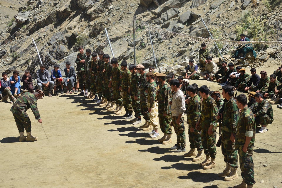 Afghan resistance movement and anti-Taliban uprising forces take part in military training at the Abdullah...