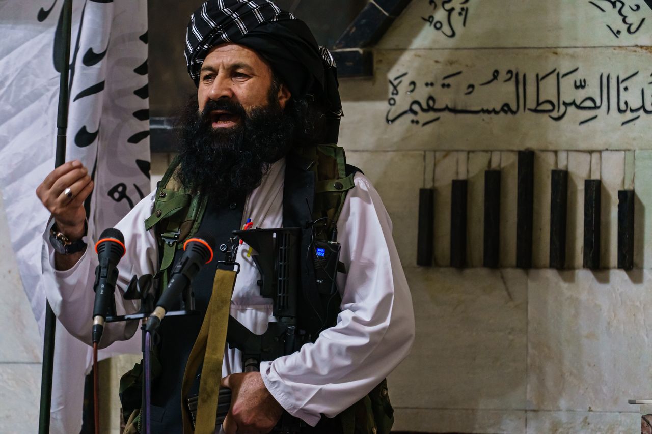 Khalil al-Rahman Haqqani, a leader of the Taliban affiliated Haqqani network, and a U.S.-designated terrorist with a five million dollar bounty, deliver his sermon to a large congregation at the Pul-I-Khishti Mosque in Kabul, Afghanistan, Friday, Aug. 20, 2021