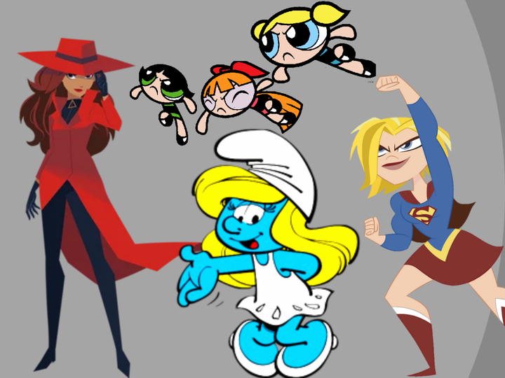 Pitufina rodeada de personajes femeninos como Carmen Sandiego, las Supernenas y Supergirl.
