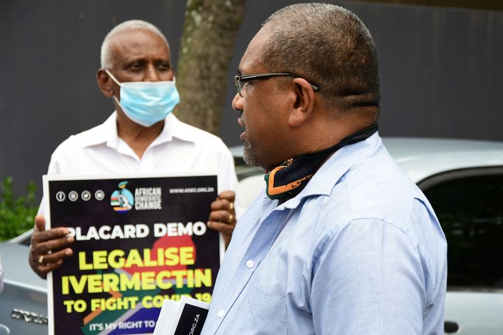 President of the African Democratic Change Party, Visvin Reddy (R) during the Legalise Ivermectin to fight Covid-19 demonstration on January 11, 2021 in Durban, South Africa