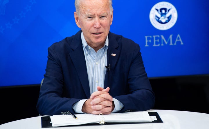 US President Joe Biden speaks during a virtual briefing by Federal Emergency Management Agency officials on preparations for Hurricane Ida, in the South Court auditorium of the White House in Washington, DC, on August 28, 2021. - Authorities in Louisiana and elsewhere on the US Gulf Coast issued increasingly dire sounding warnings Saturday as Hurricane Ida, a storm expected to pack powerful 130mph (209kph) winds, moved with unexpected speed toward the New Orleans area. (Photo by SAUL LOEB / AFP) (Photo by SAUL LOEB/AFP via Getty Images)