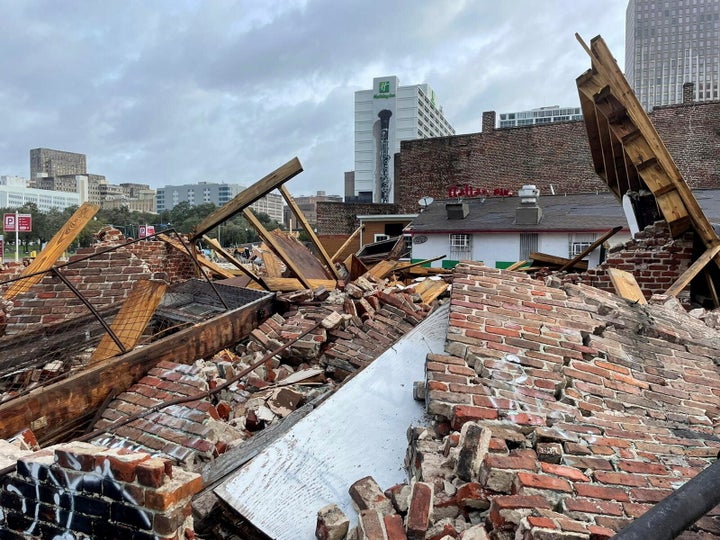 The damaged remains of the Karnofsky shop as seen Monday after Hurricane Ida pummeled New Orleans with strong winds.