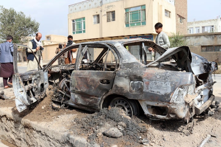 A destroyed vehicle, which contained rocket launchers, located where a rocket attack originated from in Kabul, Afghanistan, on Monday, Aug. 30. The attack, claimed by ISIS-K, struck a neighborhood near Kabul's international airport amid the ongoing U.S. withdrawal from Afghanistan.