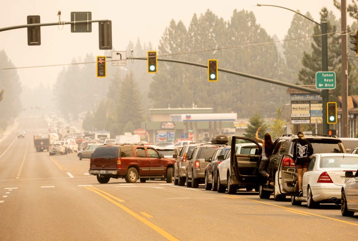 Residents are stuck in traffic Monday as they attempt to evacuate while the Caldor fire approaches South Lake Tahoe, California.