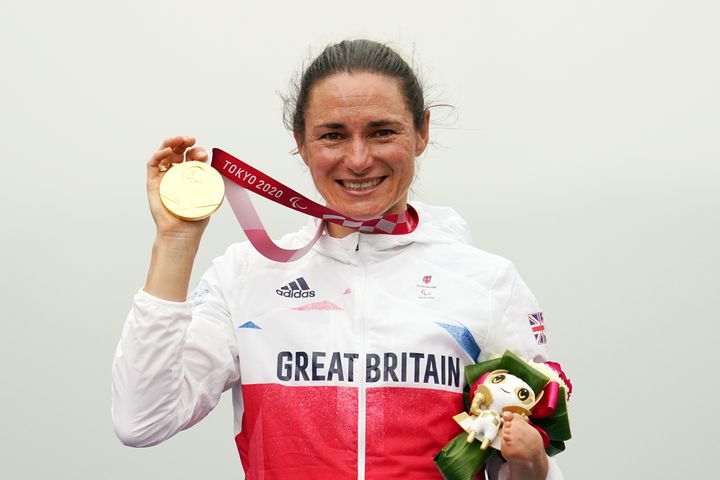 Gold medalist Sarah Storey of Team Great Britain poses on the podium at the medal ceremony for the Cycling Road Women's C5 Time Trial