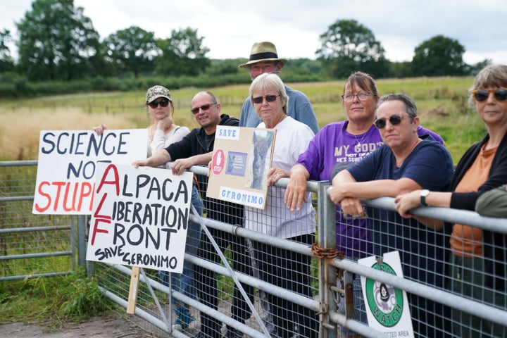 Supporters of Geronimo the alpaca outside Shepherds Close Farm in Wooton Under Edge, Gloucestershire on Thursday August 19, 2021.