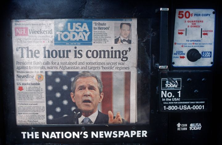 A week after the 9/11 terrorist attacks, the headline on the front page of USA Today ran a quote from then-President George W. Bush — "The Hour is Coming" — a message of imminent reprisals against al Qaeda terrorists and followers in Afghanistan of the Saudi-born Osama bin Laden.