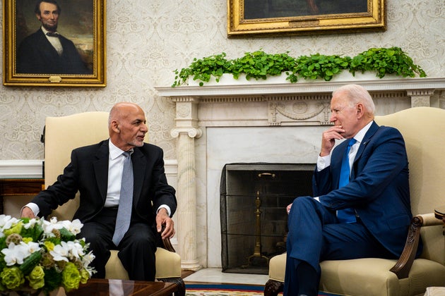 US president Joe Biden hosts then Afghanistan president Ashraf Ghani in the Oval Office at the White...