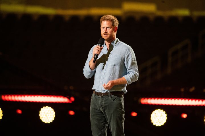 Prince Harry speaking at the Vax Live concert at SoFi Stadium in May this year, from California