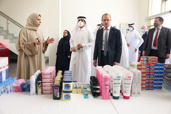 Foreign secretary Dominic Raab in Doha, Qatar, on Thursday, looking at an array of toiletries