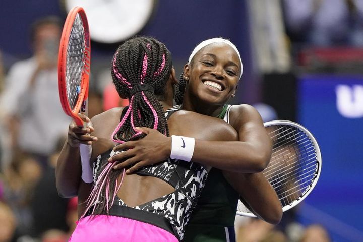 Sloane Stephens hugs Coco Gauff after Stephens won their match during the second round of the US Open tennis championships on Sept. 1 in New York. 