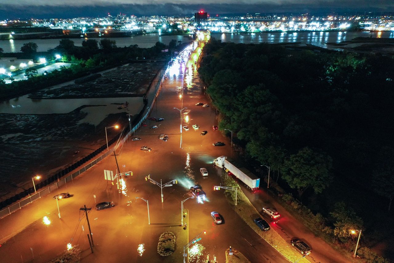 Highway 440 is seen flooded in Jersey City, New Jersey, on Thursday, with hundreds of cars stuck in the water after Hurricane Ida left behind flash floods on the east coast.