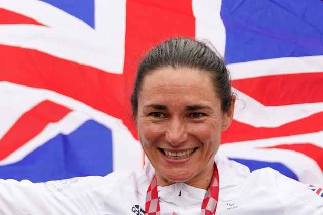 Great Britain's Sarah Storey celebrates with the gold medal in the Women's C5 time