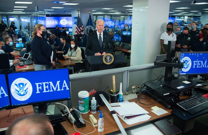 President Joe Biden speaks about Hurricane Ida during a visit to FEMA Headquarters in Washington, D.C., Aug. 29.