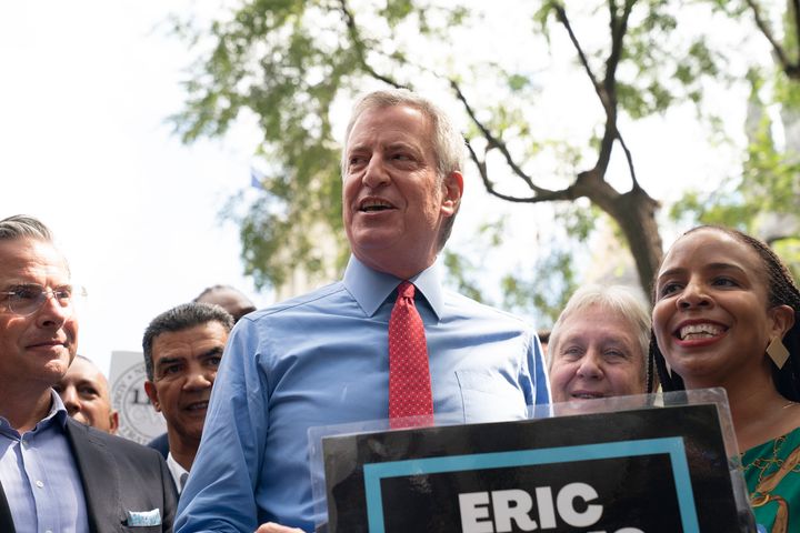 Current Mayor Bill de Blasio speaks at a press conference in August at which he endorsed Eric Adams as his successor.
