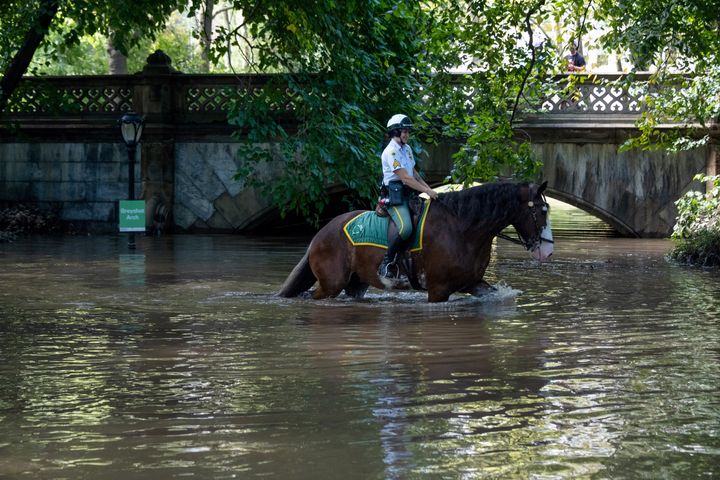 New York City Parks Security Service officers on horseback explore the Greyshot Arch, which is flooded in Central Park after a night of extremely heavy rain caused by Hurricane Ida.