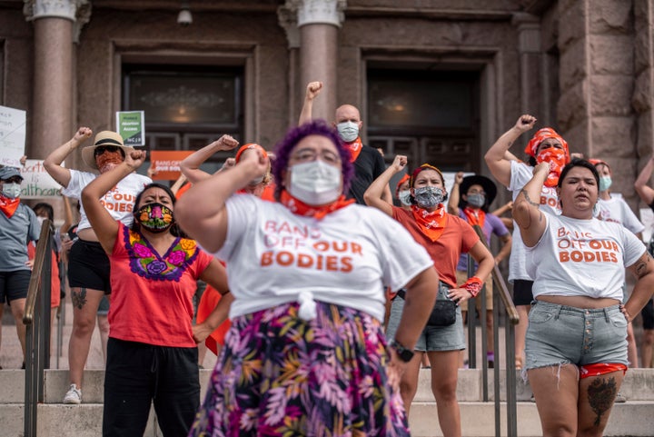Pro-choice protesters perform outside the Texas State Capitol on Sept. 1, 2021, in Austin, Texas.