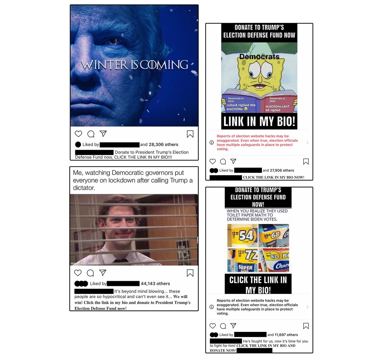 Shortly after the 2020 election, memers shared a deluge of synchronous posts urging their followers to donate to Trump's "Election Defense Fund" via the links in their bios.