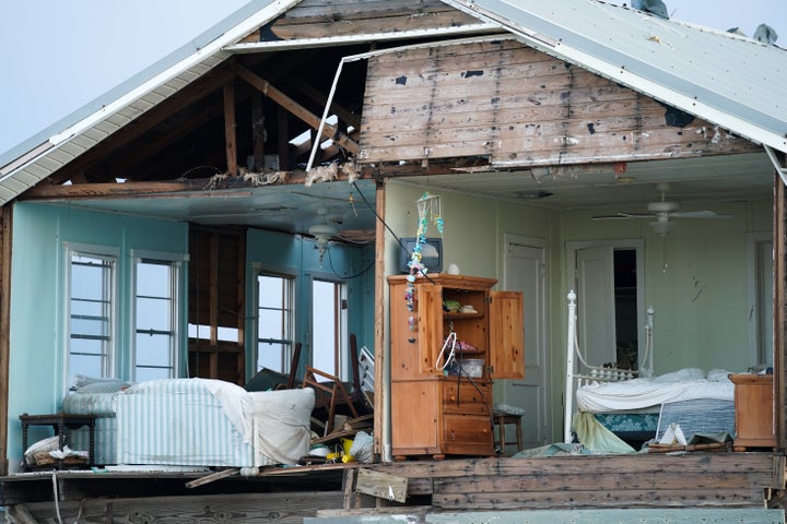 A storm-damaged home is seen in the wake of Hurricane Ida on September 3, 2021 in Grand Isle, Louisiana.