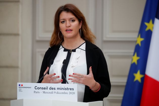 French Junior Minister of Citizenship Marlene Schiappa, wearing a protective face mask, speaks a news conference after the weekly cabinet meeting discussions over a bill to fight what Macron has called Islamist separatism at the Elysee Palace in Paris, France, December 9, 2020. REUTERS/Charles Platiau/Pool