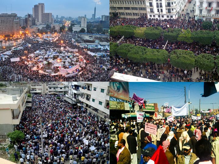 Αραβική Άνοιξη: (Με τη φορά των δεικτών του ρολογιού) Πάνω αριστερά Πλατεία Ταχρίρ στην Αίγυπτο, δεξιά Τυνησία, Υεμένη (διαδηλωτές ζητούν την απομάκρυνση του Σάλεχ) και τέλος Απρίλιος 2011 Συρία
