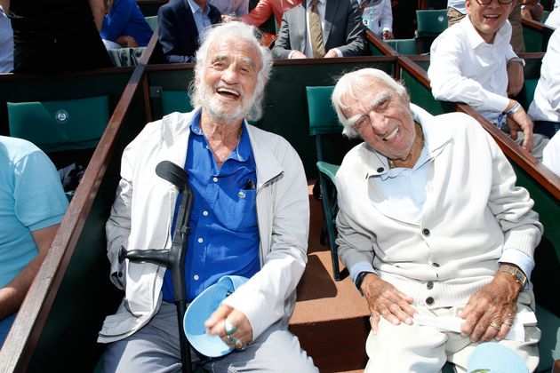 Les acteurs Jean-Paul Belmondo et Charles Gerard à Roland Garros, le 8 juin 2018 