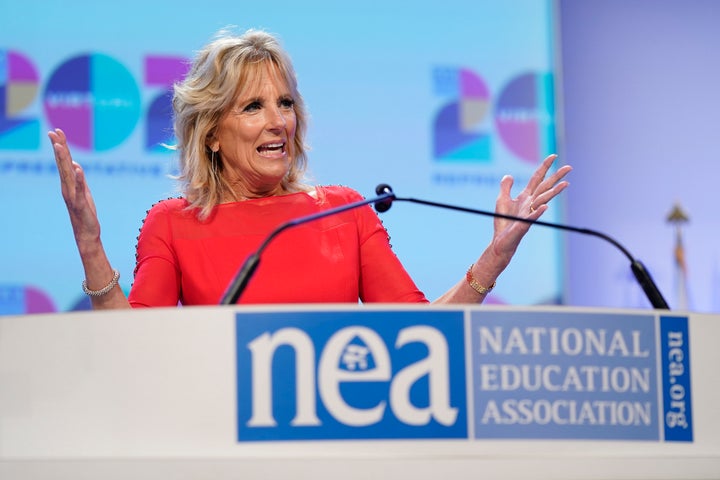 FILE - In this July 2, 2021, file photo first lady Jill Biden speaks at the National Education Association's annual meeting at the Walter E. Washington Convention Center in Washington.