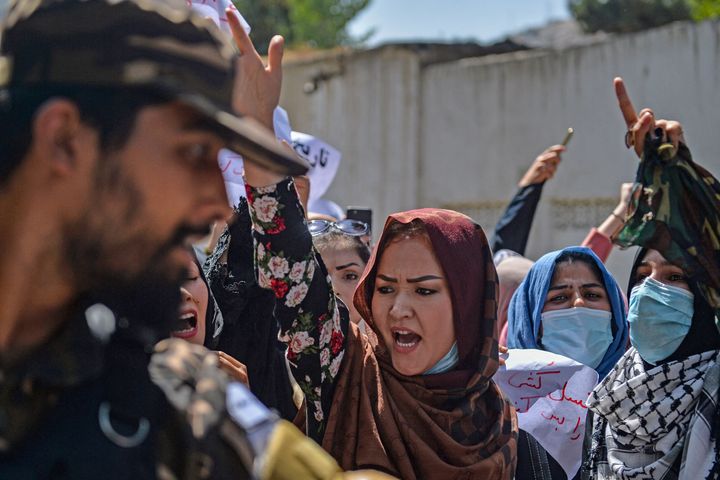 Afghan women shout anti-Pakistan slogans during the protest