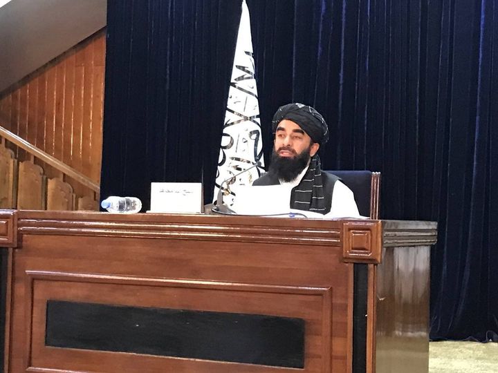 Taliban spokesperson Zabihullah Mujahid holds a press conference in Kabul, Afghanistan on Sept. 7. 