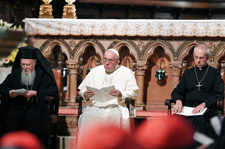 The world’s top Christian leaders — Pope Francis, the Archbishop of Canterbury and the spiritual leader of Orthodox Christians — on Tuesday issued a joint appeal for delegates at the upcoming U.N. climate summit to “listen to the cry of the Earth” and make sacrifices to save the planet. (Tiziana Fabi/Pool Photo via AP)