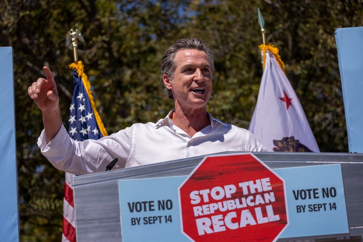 Gov. Gavin Newsom addresses an anti-recall rally on Sept. 4 as he campaigns with Sen. Elizabeth Warren (D-Mass.) in Culver City, California. 