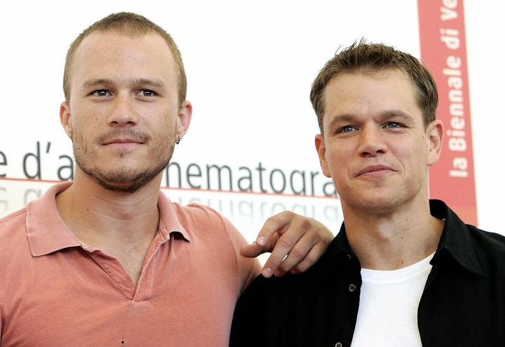 Heath Ledger and Matt Damon pose for a photocall of "The Brothers Grimm" at the Venice International Film Festival in 2005.