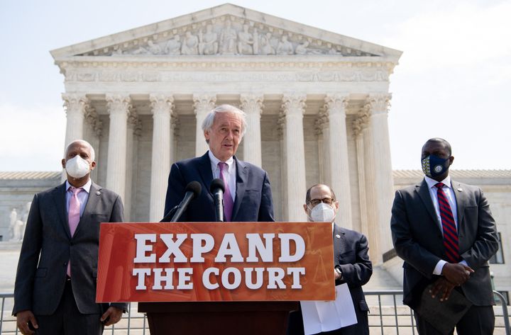 Sen. Ed. Markey (D-Mass.) and Reps. Hank Johnson (D-Ga.), Jerrold Nadler (D-N.Y.) and Mondaire Jones (D-N.Y.) introduce their bill in April 2021 to expand the Supreme Court from nine to 13 seats.