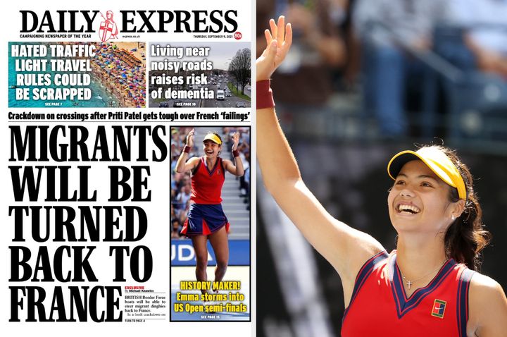 The Daily Express front page for September 9, 2021, and tennis player Emma Raducanu