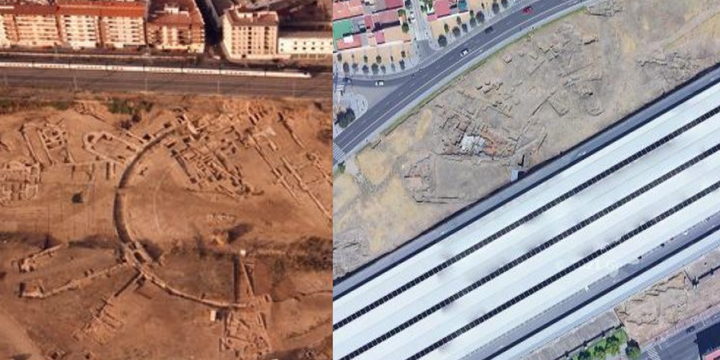Vista aérea en 1991 y en 2021 del palacio Maximiano Hercúleo del yacimiento de Cercadilla en Córdoba.
